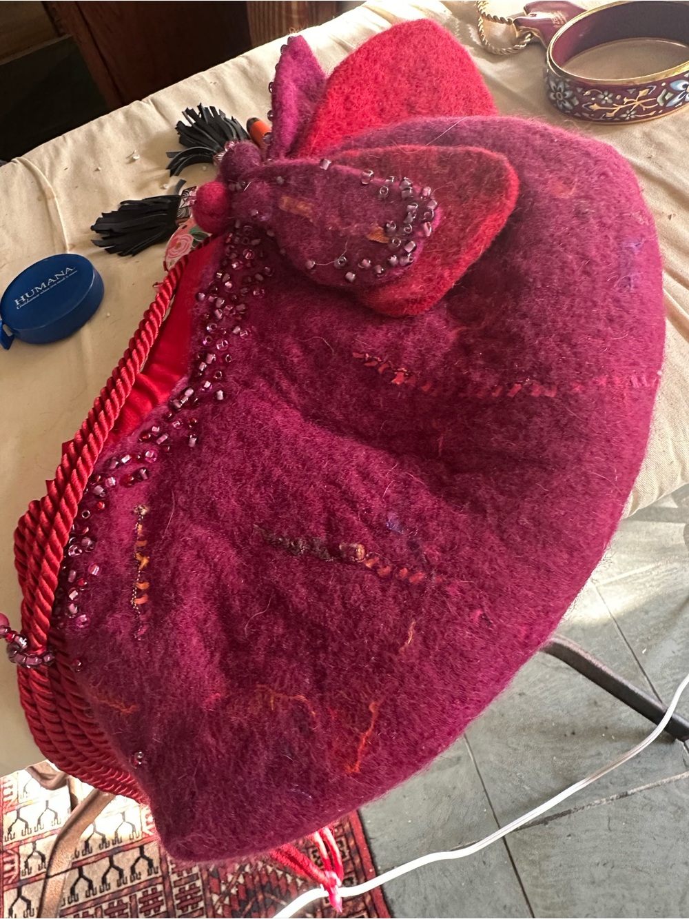 Women's Red Felt Shoulder Bag with Bead Embellishment